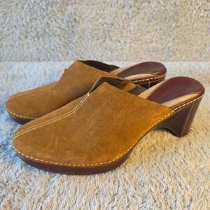 Cole Haan Country Suede Leather Heeled Clogs Mules Slides Size 9 B Cognac Brown